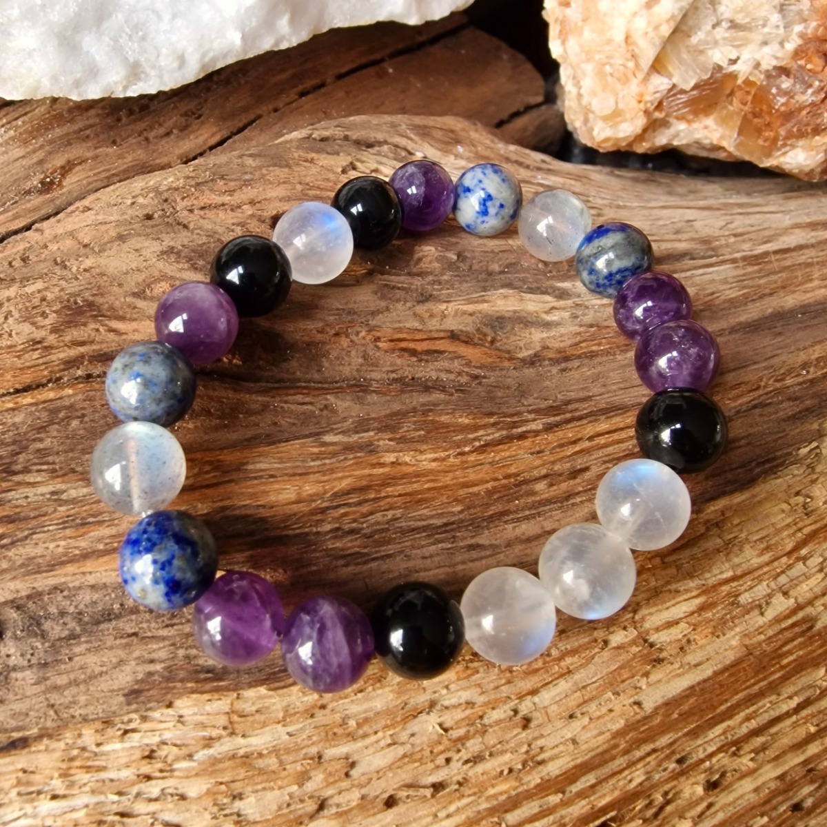 Crystal bracelet with moonstone, labradorite, amethyst, lapis lazuli and obsidian
