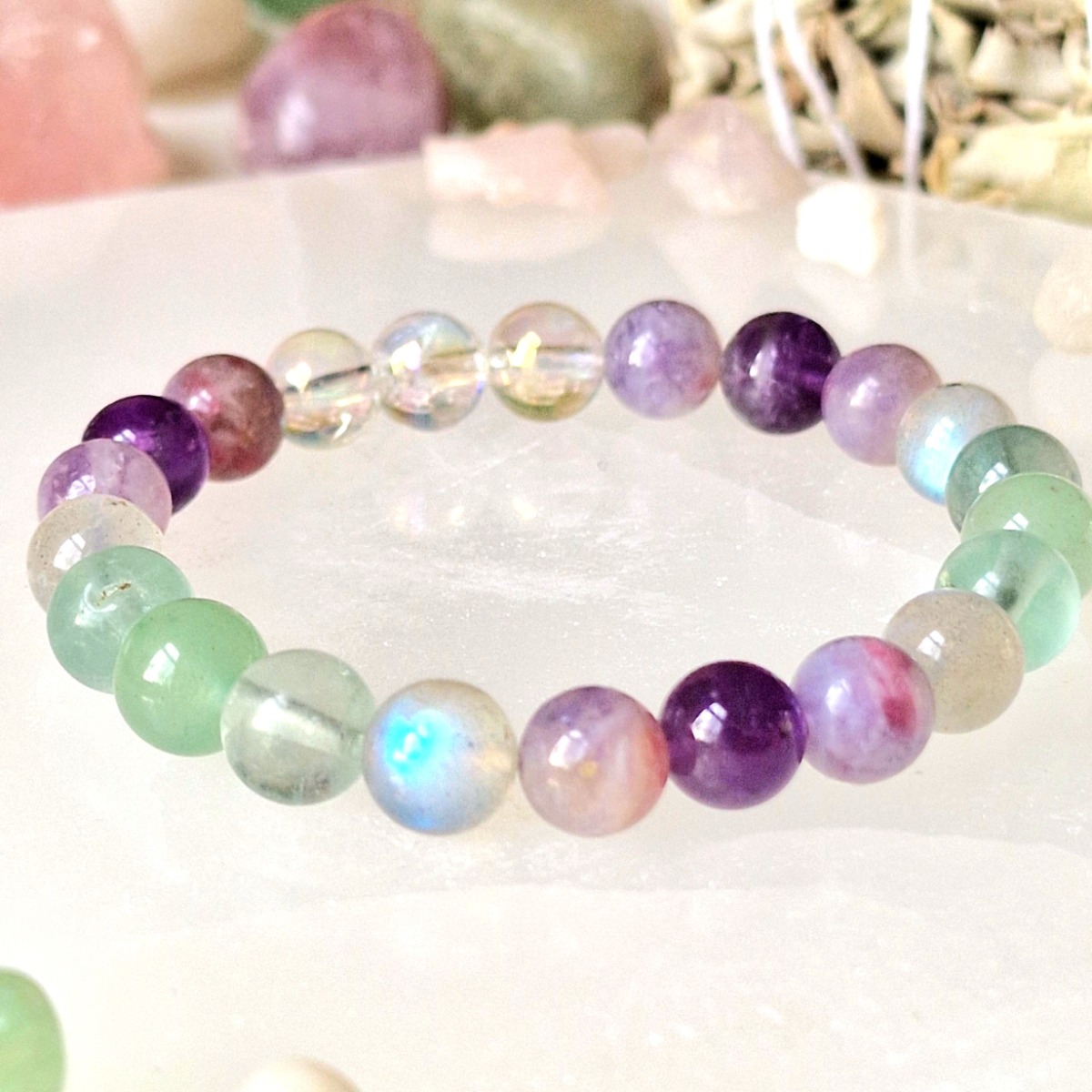 Labradorite, Amethyst, pink tourmaline, fluorite, aventurine and aura quartz crystal bracelet made with a stretch cord