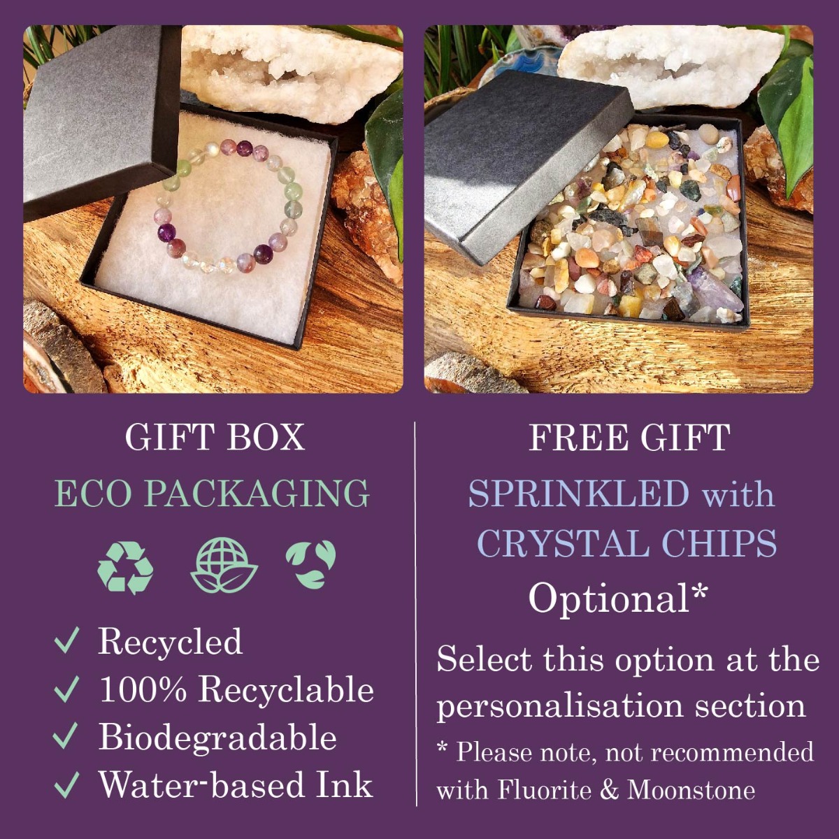 Recycled, 100% recyclable, Biodegradable gift box with water-based ink and optional crystal chips 